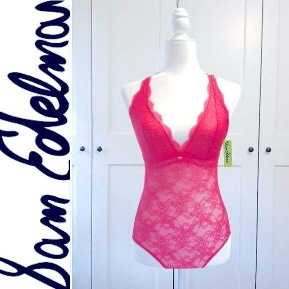 Sam Edelman Tops - Sam Edelman Lace Halter Neck Bodysuit in Geranium | Medium New With Tag/NWOT
